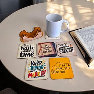 Woodiography Motivational Quotes Wooden Coasters with Holder, 85mm x 85mm, Set of 6 Suitable for Tea Cup Coffee Mug Drink Cup