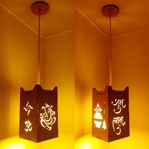 woodiography Wooden Ceiling lamp Hanging Light Pendant lamp for Home Decoration ganpati Bappa, om, swastik, shubh labh, kalsh Theme 4 in 1